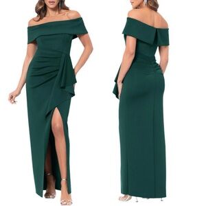 Xscape Off the‎ Shoulder Scuba Crepe Ruched Bodice Ruffle Front Gown Size 12